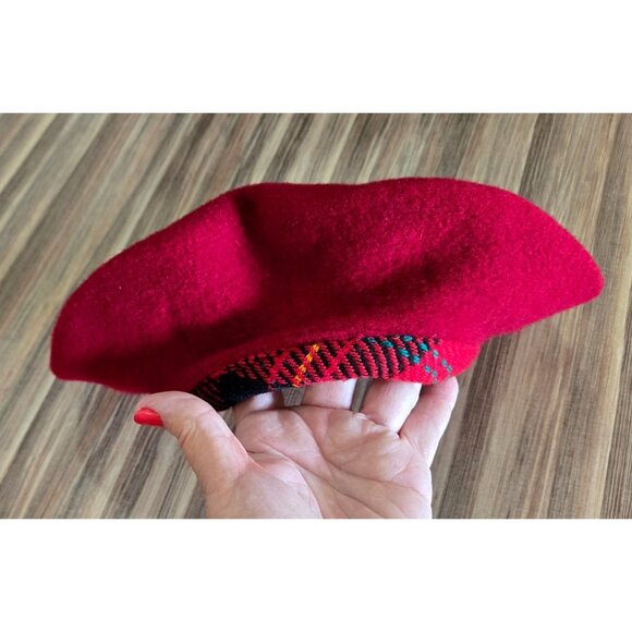 Beret Red Berry Wool Plaid Trim Sz 7/M Preston & York Scottish Plaid Celtic - Picture 4 of 9